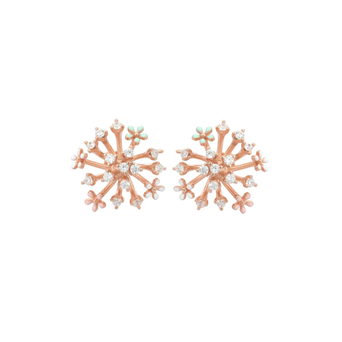 Rose Gold and Silver Snowflake Stud Earrings - Sparkling CZ Diamonds