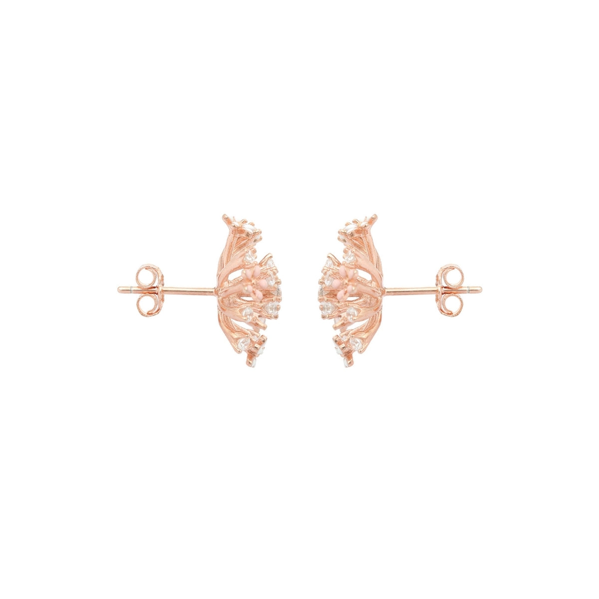 Rose Gold and Silver Snowflake Stud Earrings - Sparkling CZ Diamonds