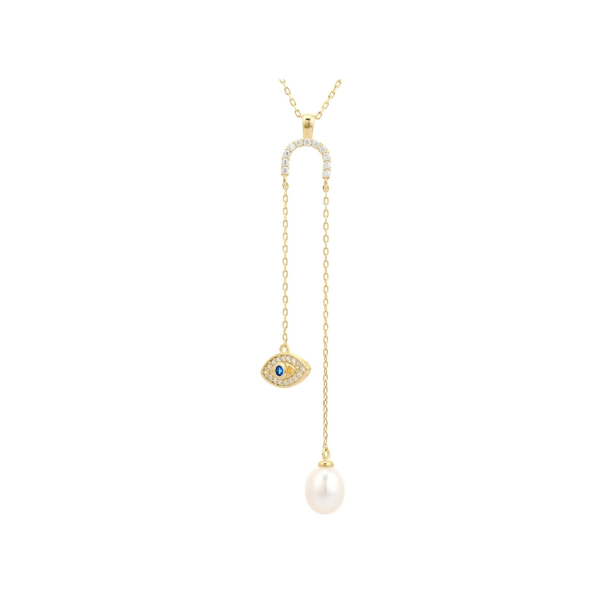 Yellow Gold Evil Eye Pendant Necklace - Pearl Drop Charm for Spiritual Protection