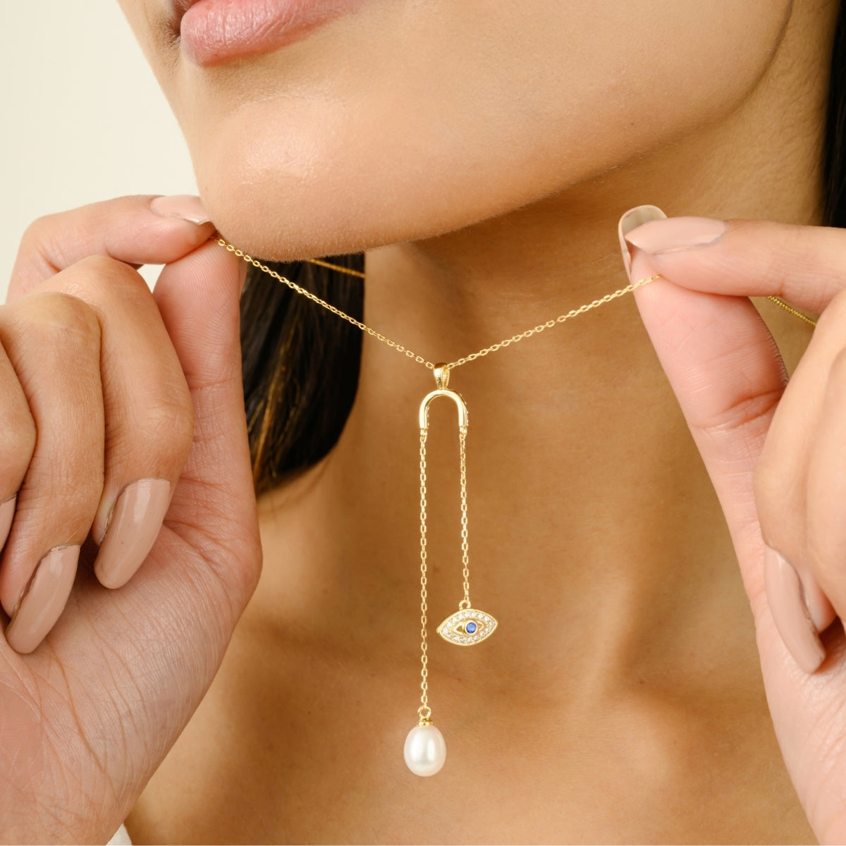 Yellow Gold Evil Eye Pendant Necklace - Pearl Drop Charm for Spiritual Protection