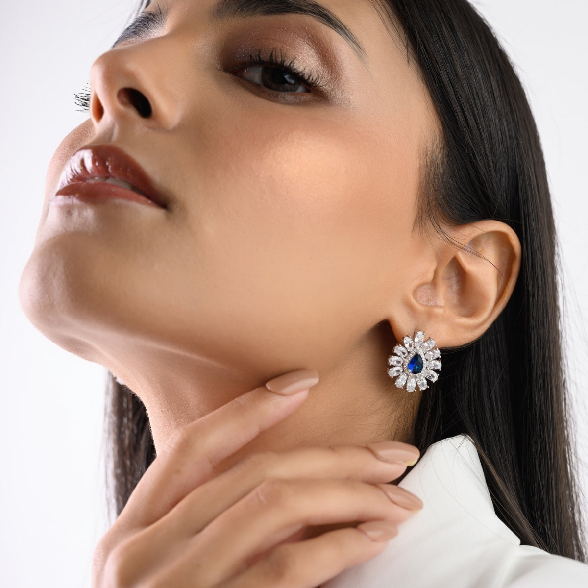 Blue Sapphire CZ Diamond Stud Earrings in 925 Silver