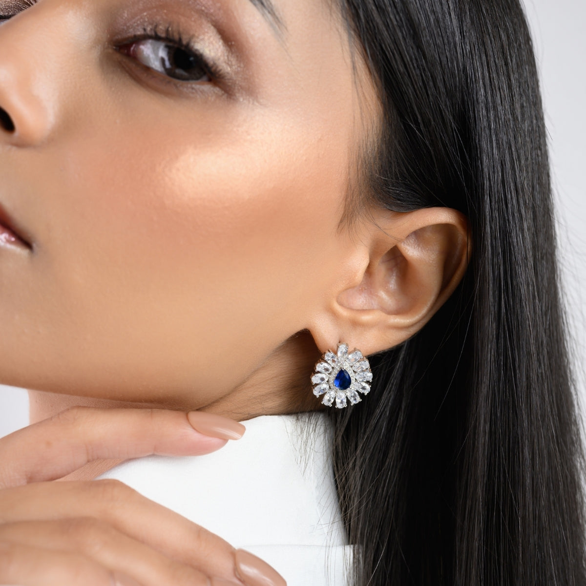 Blue Sapphire CZ Diamond Stud Earrings in 925 Silver