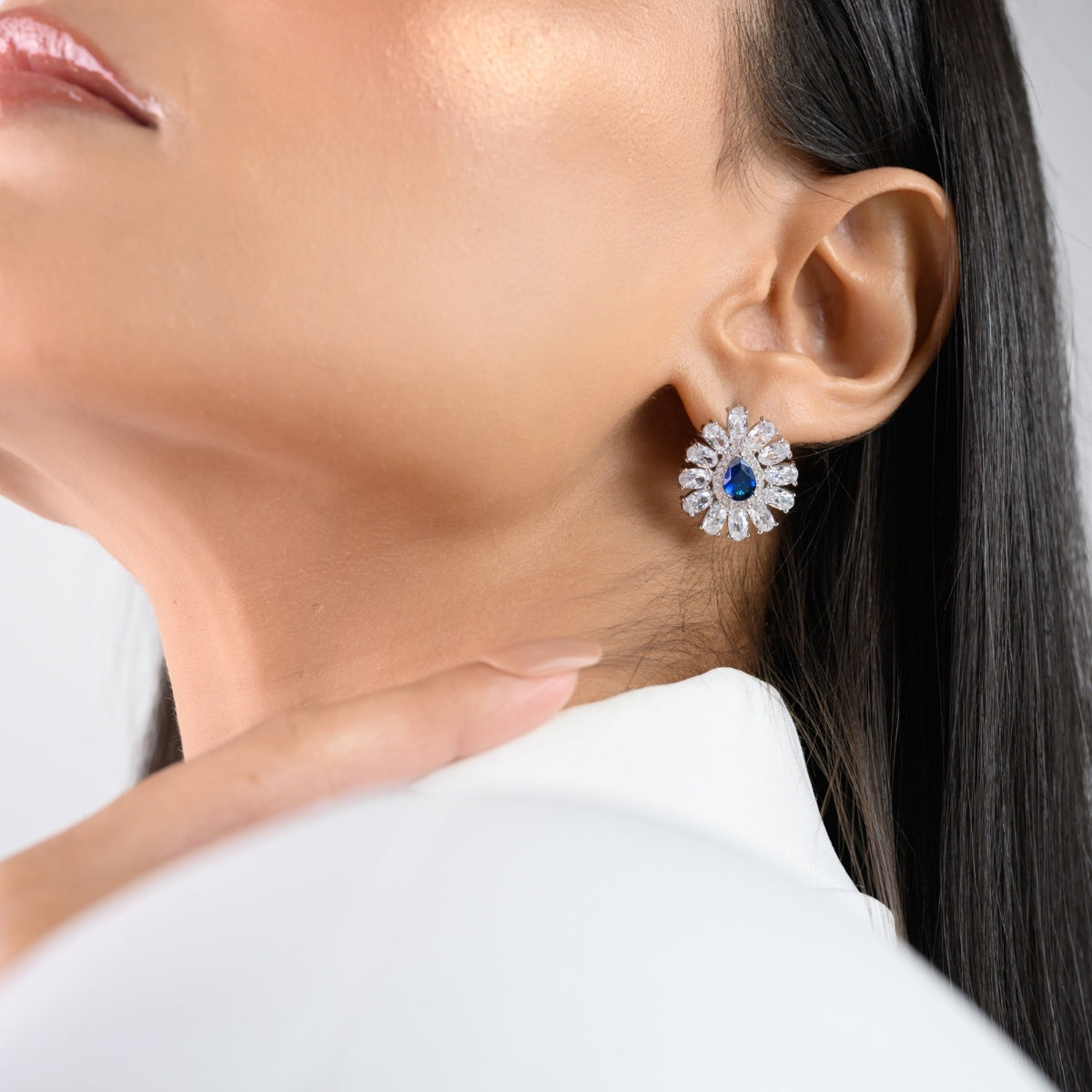 Blue Sapphire CZ Diamond Stud Earrings in 925 Silver