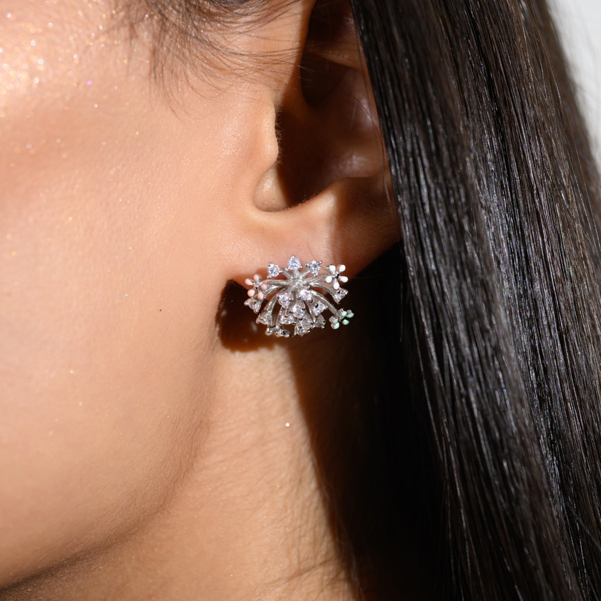 Rose Gold and Silver Snowflake Stud Earrings - Sparkling CZ Diamonds