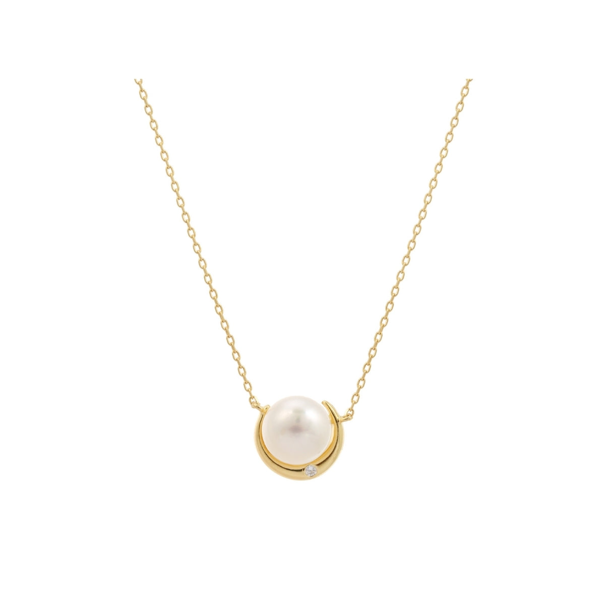 Yellow Gold Moon Pendant Necklace with White Pearl Charm