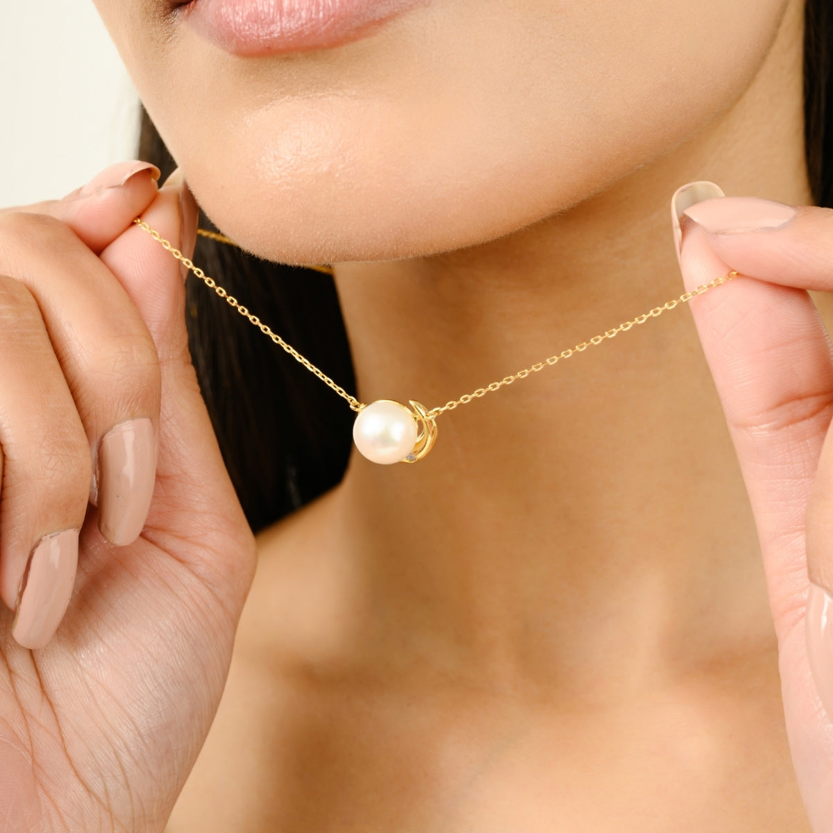 Yellow Gold Moon Pendant Necklace with White Pearl Charm