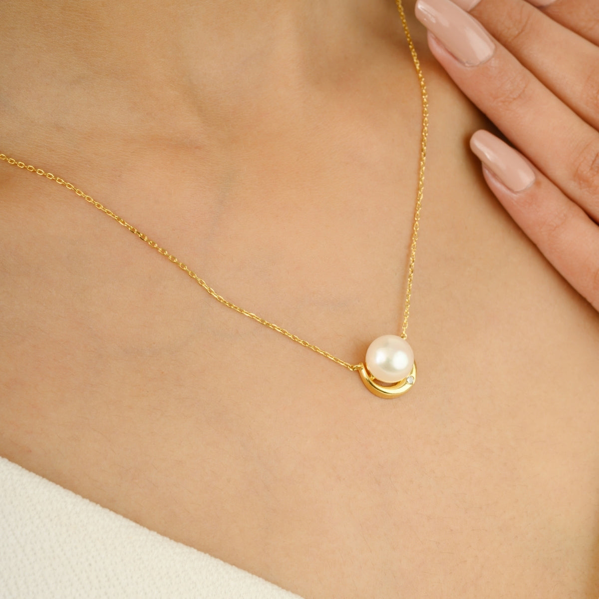 Yellow Gold Moon Pendant Necklace with White Pearl Charm
