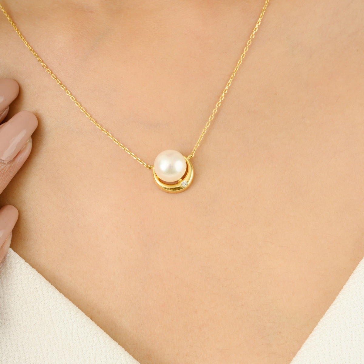Yellow Gold Moon Pendant Necklace with White Pearl Charm