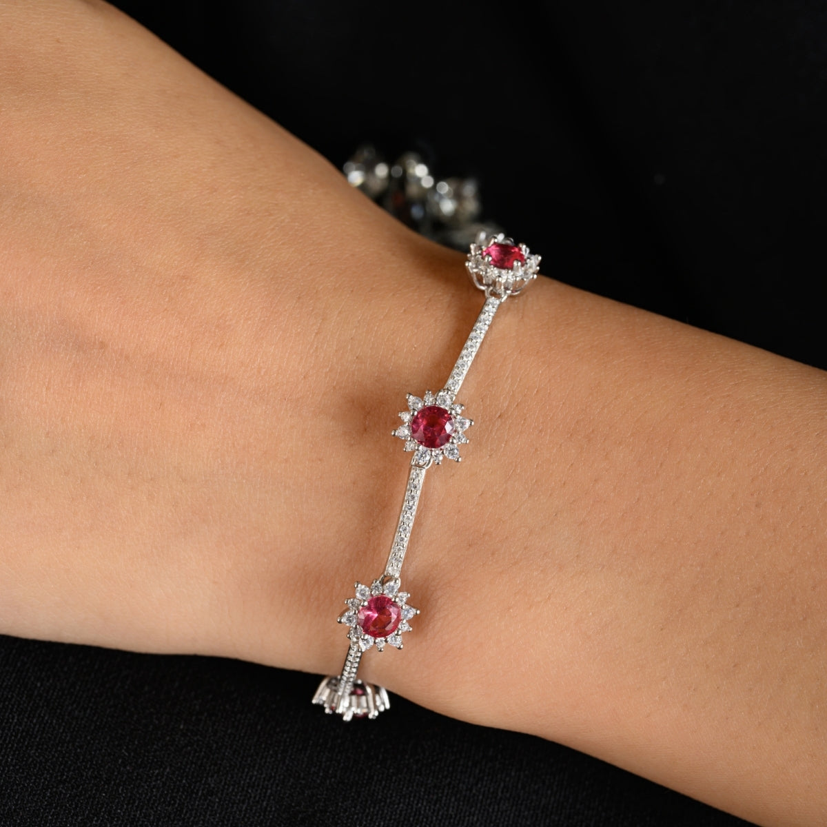 Colorful CZ Diamond Flower Tennis Bracelets for Women in Red, Blue, and Green
