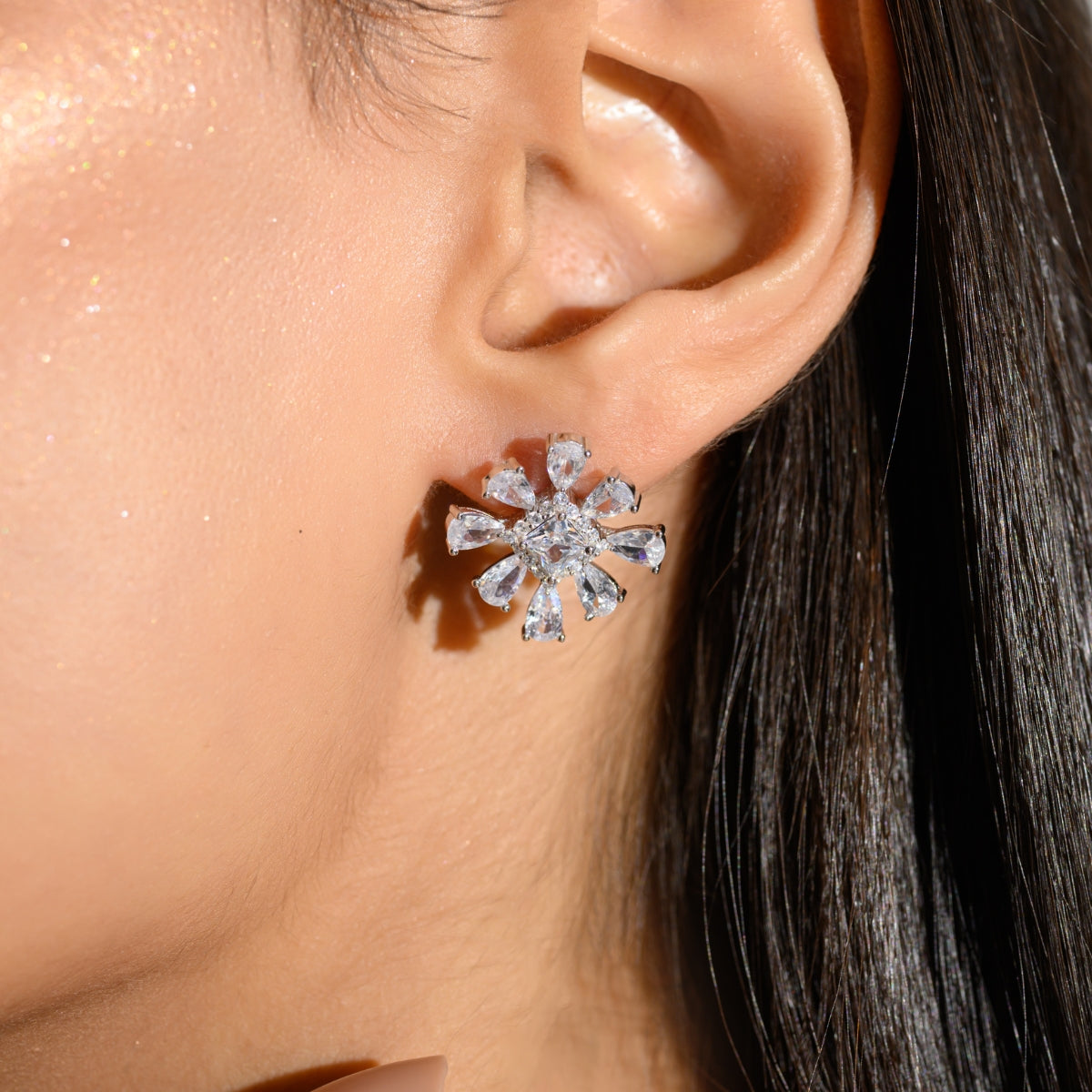 Sparkling Snowflake Cz Crystal Silver Earrings