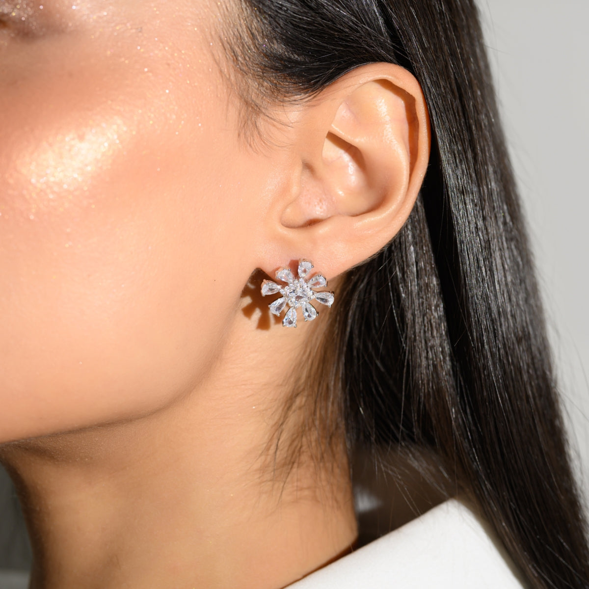 Sparkling Snowflake Cz Crystal Silver Earrings