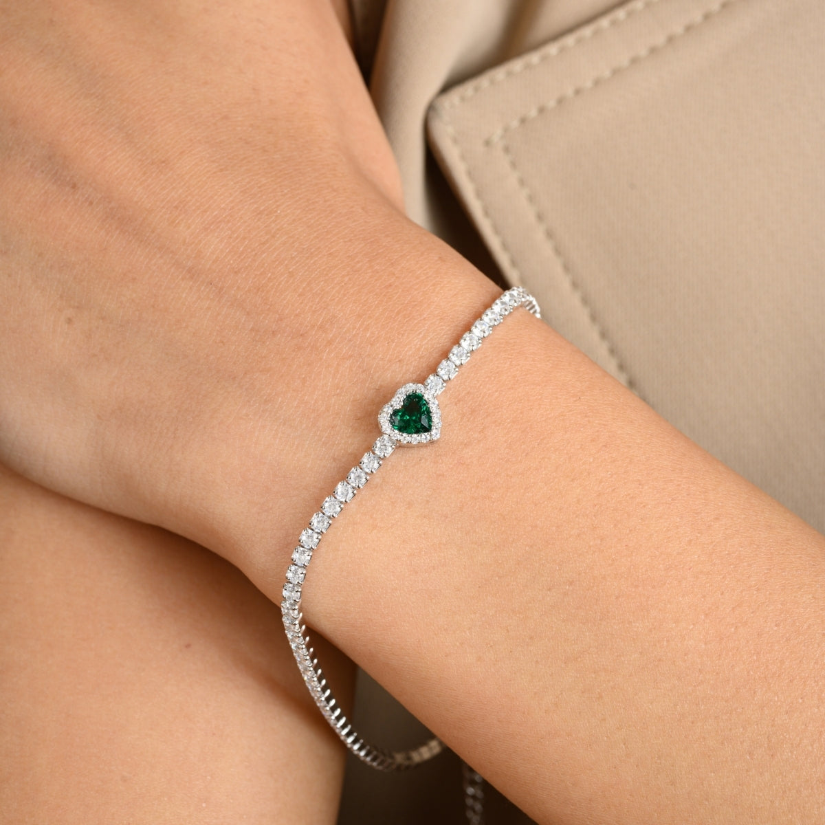 Tennis Bracelet with Delicate Heart Shape Green Diamond