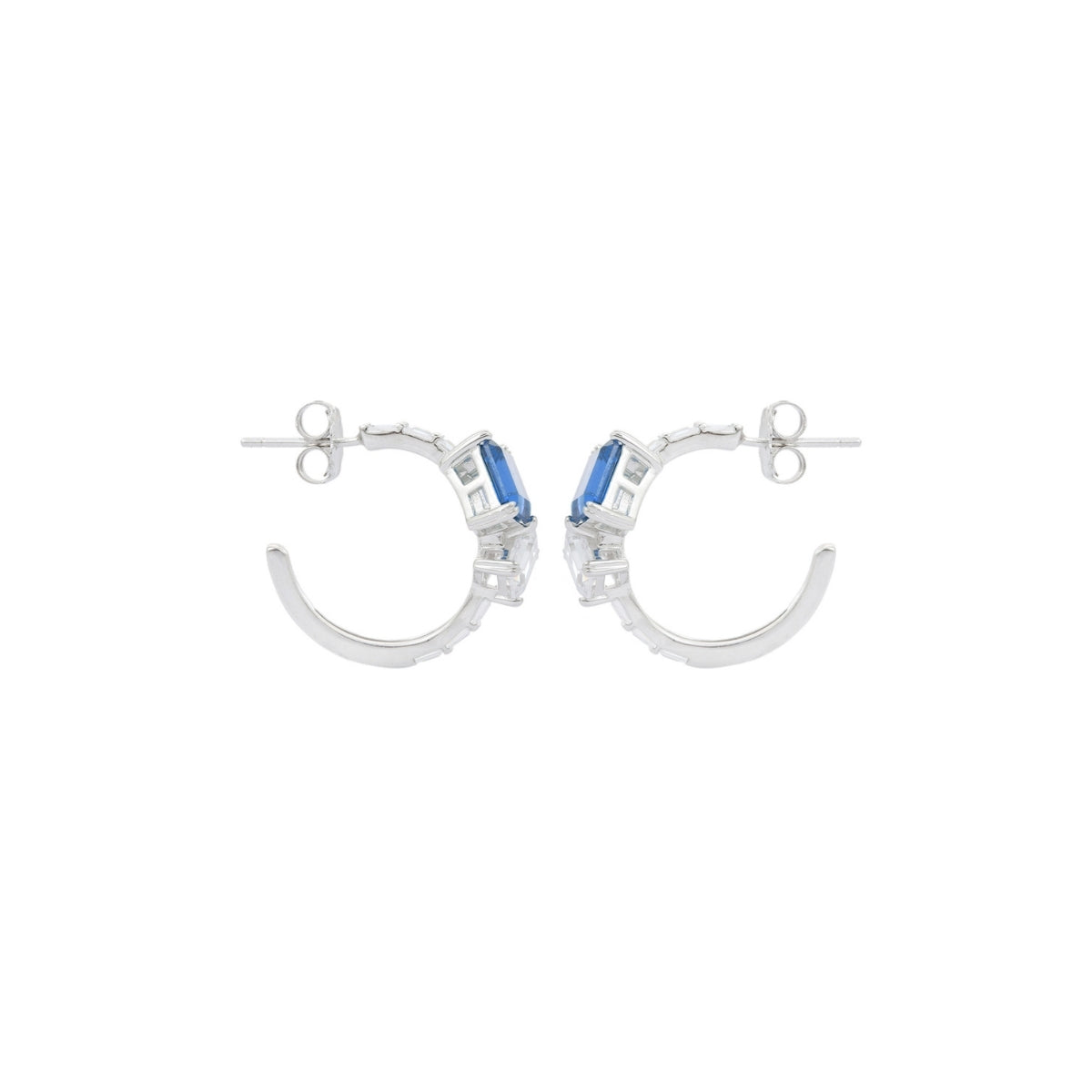 Emerald Cut Blue and Green CZ Diamond Silver C Hoop Earrings