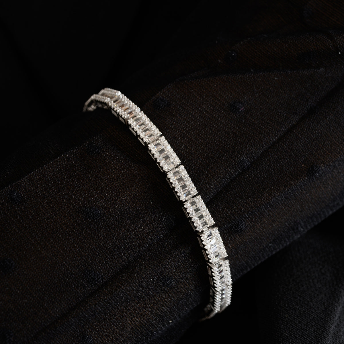 White Gold Tennis Bracelet with Baguette Cut Square CZ Diamonds in Link Pattern