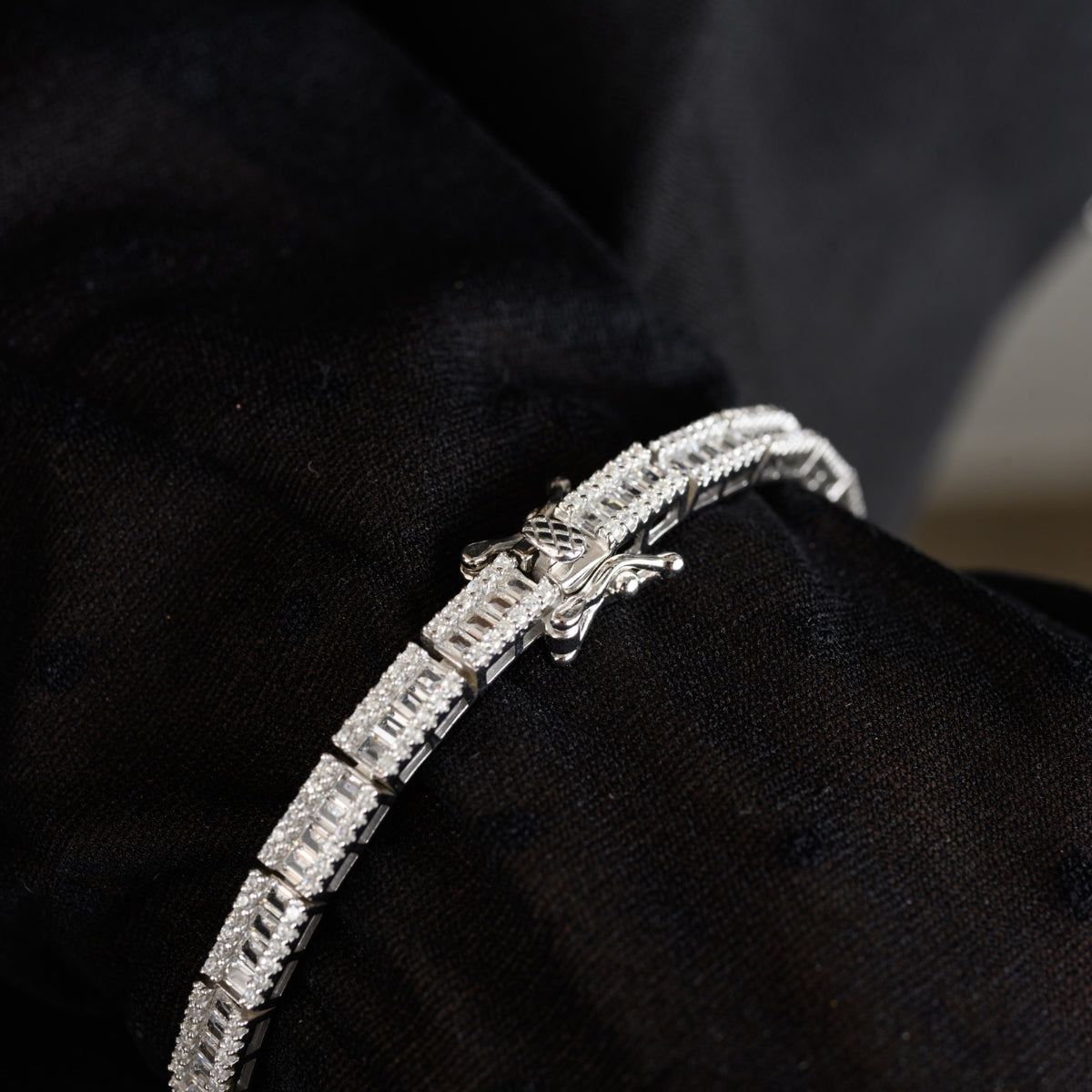 White Gold Tennis Bracelet with Baguette Cut Square CZ Diamonds in Link Pattern