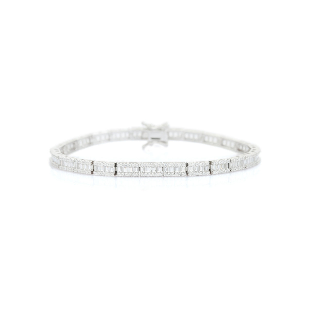 White Gold Tennis Bracelet with Baguette Cut Square CZ Diamonds in Link Pattern
