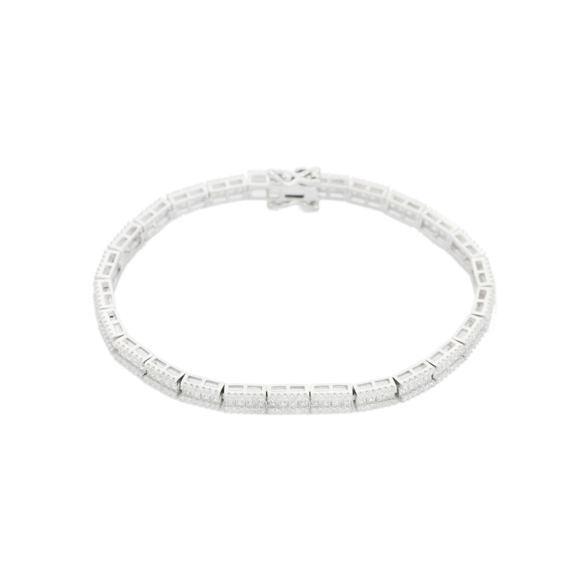 White Gold Tennis Bracelet with Baguette Cut Square CZ Diamonds in Link Pattern