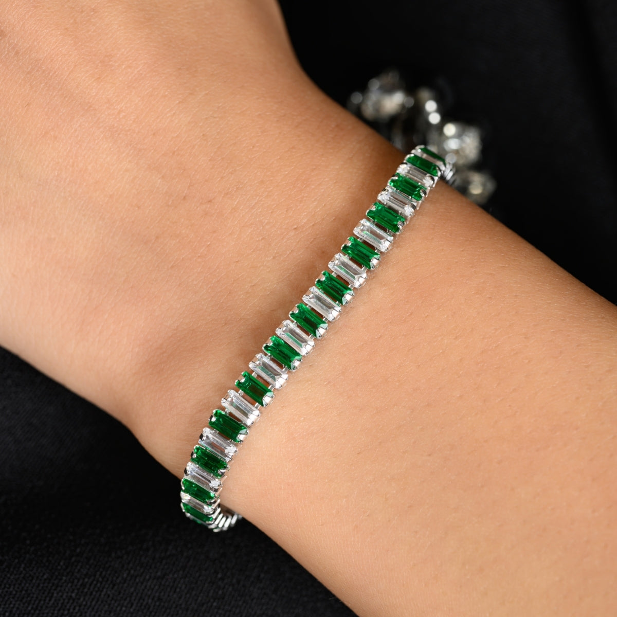 925 Silver Tennis Bracelet for Women with Delicate Baguette Cut Green & White CZ Diamonds