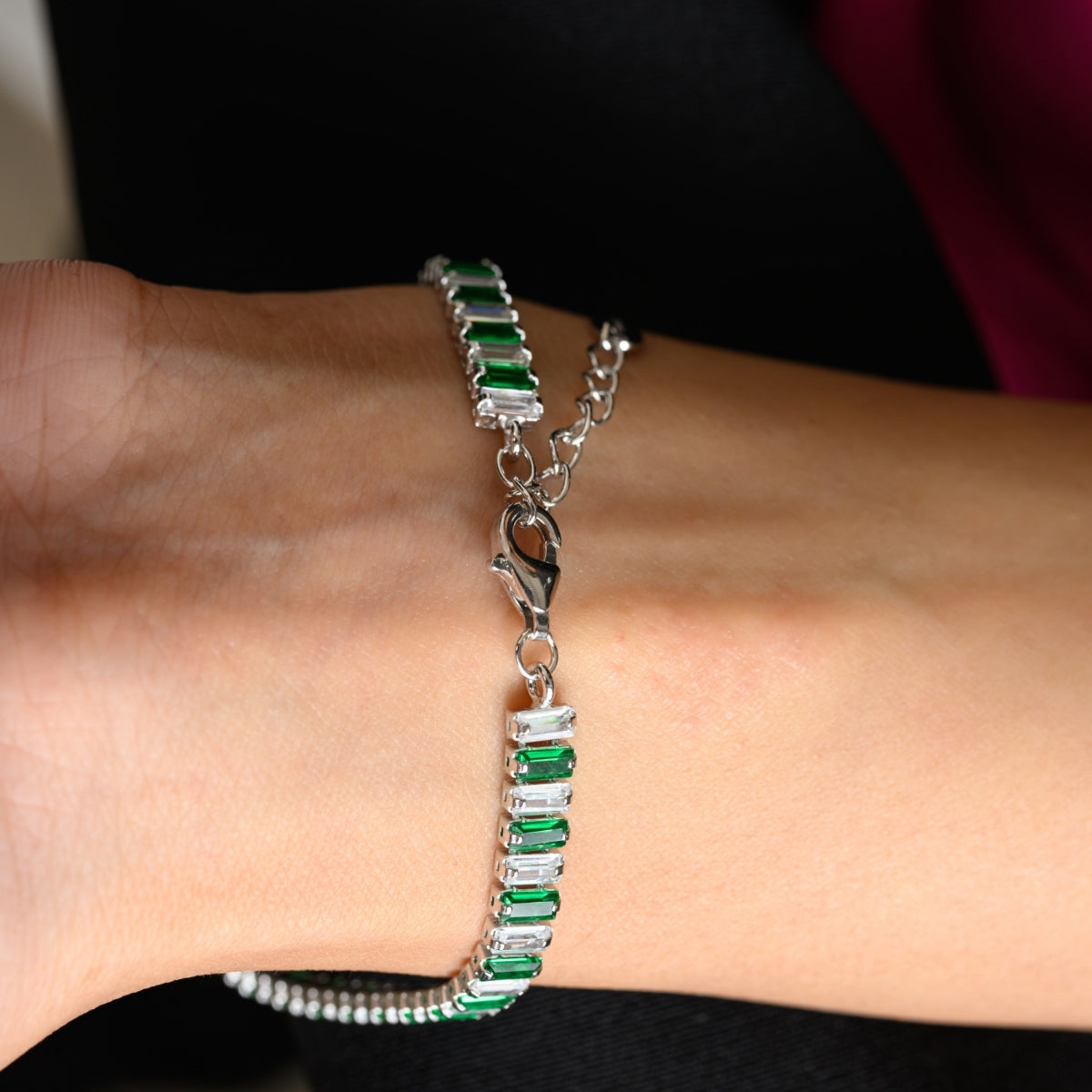 925 Silver Tennis Bracelet for Women with Delicate Baguette Cut Green & White CZ Diamonds