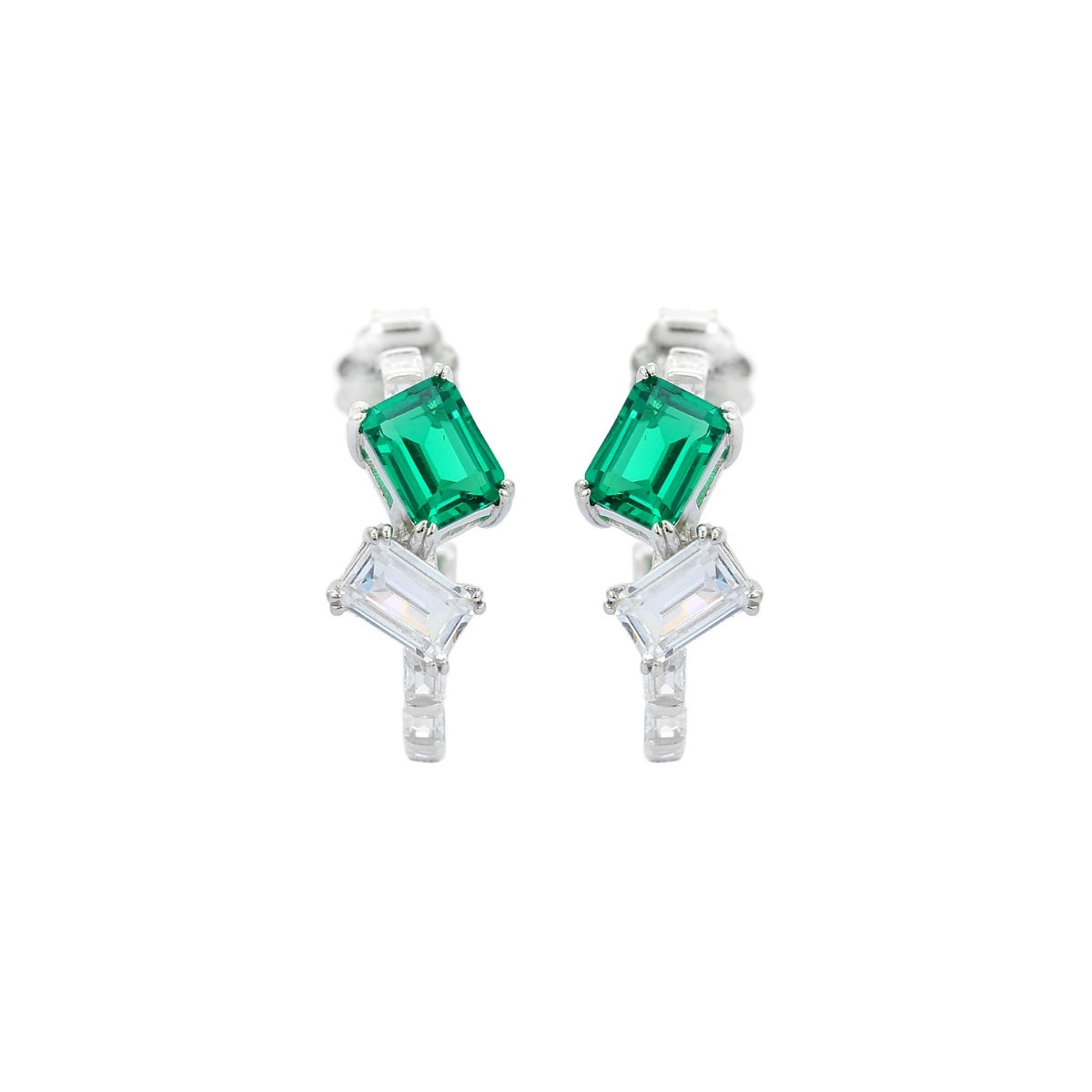 Emerald Cut Blue and Green CZ Diamond Silver C Hoop Earrings