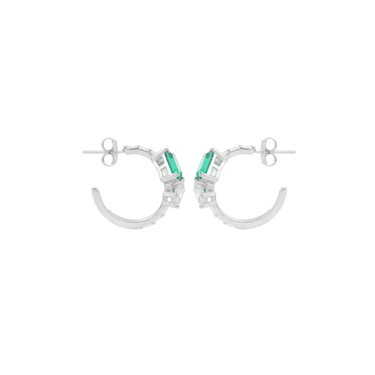 Emerald Cut Blue and Green CZ Diamond Silver C Hoop Earrings