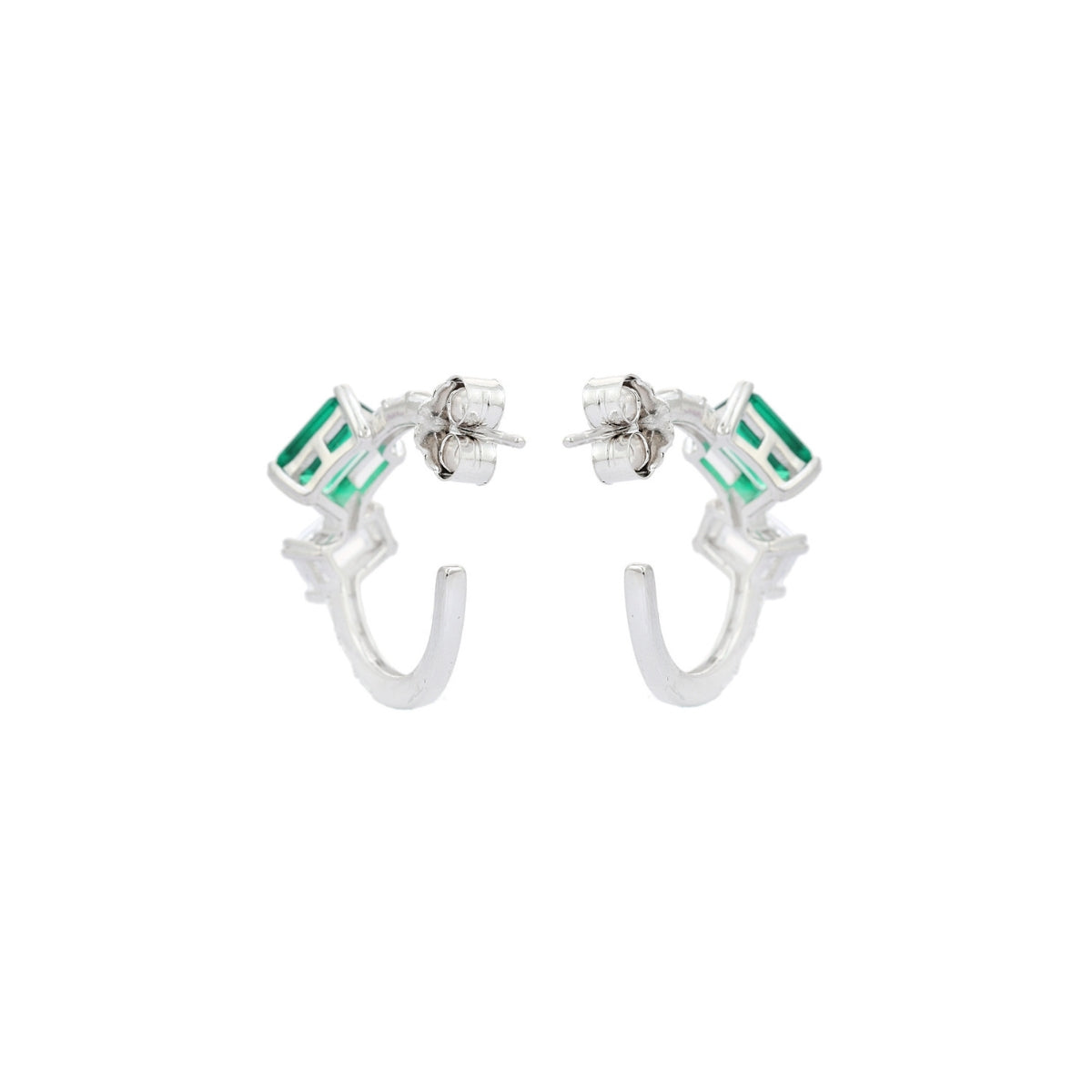 Emerald Cut Blue and Green CZ Diamond Silver C Hoop Earrings