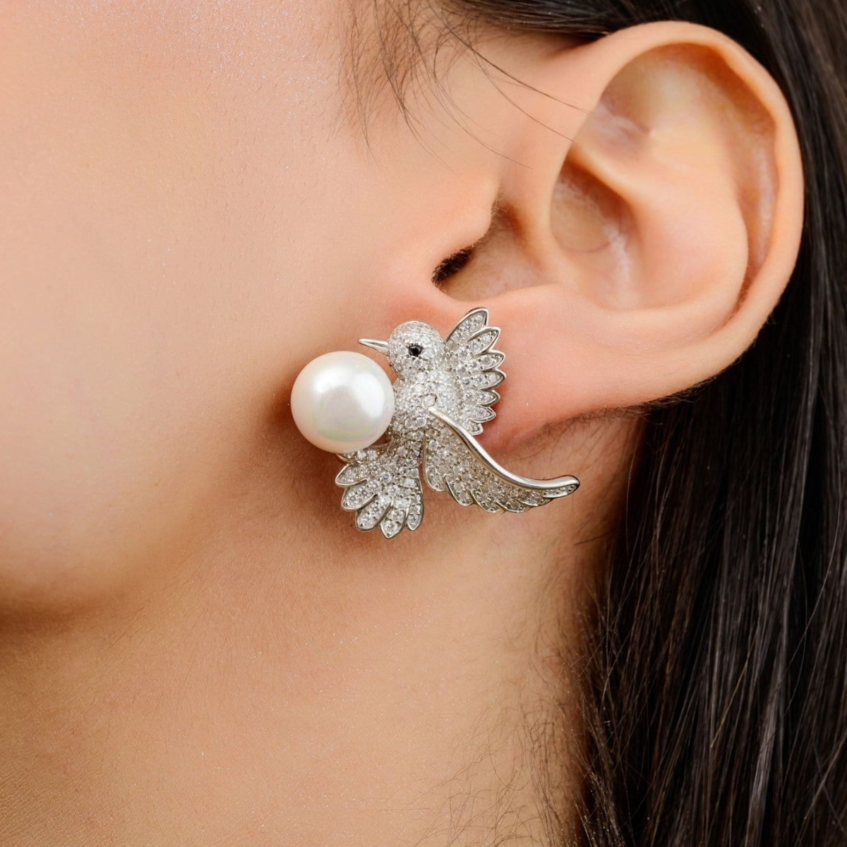 Nature Inspired Charming Birds Silver Pearl Earrings
