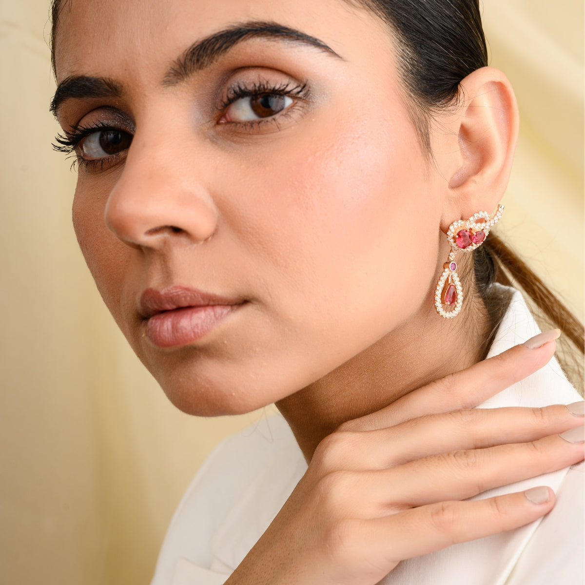 Red Cz Drop Stud Earrings