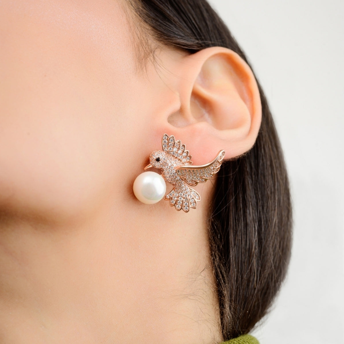 Rose Gold Finish Flying Bird Pair Silver Pearl Earrings