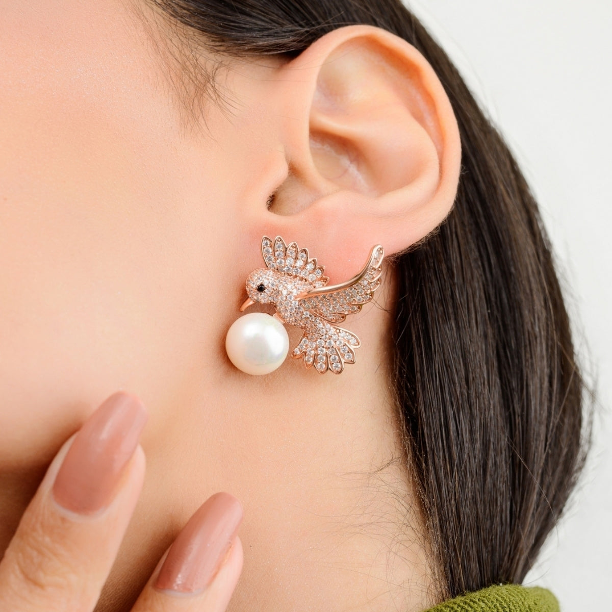 Rose Gold Finish Flying Bird Pair Silver Pearl Earrings