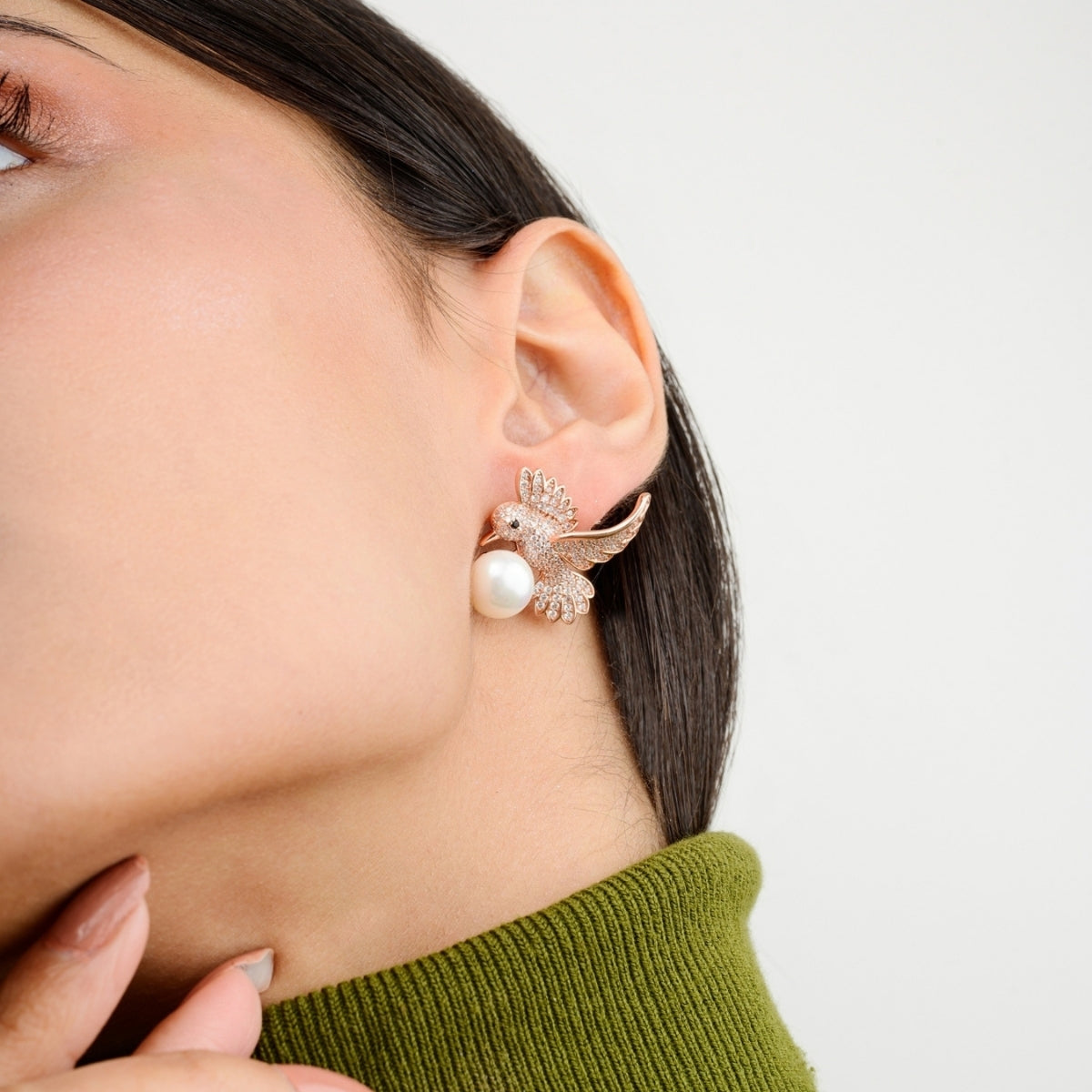 Rose Gold Finish Flying Bird Pair Silver Pearl Earrings