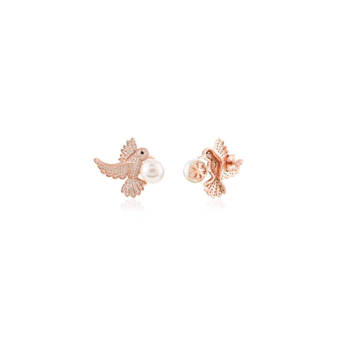 Rose Gold Finish Flying Bird Pair Silver Pearl Earrings