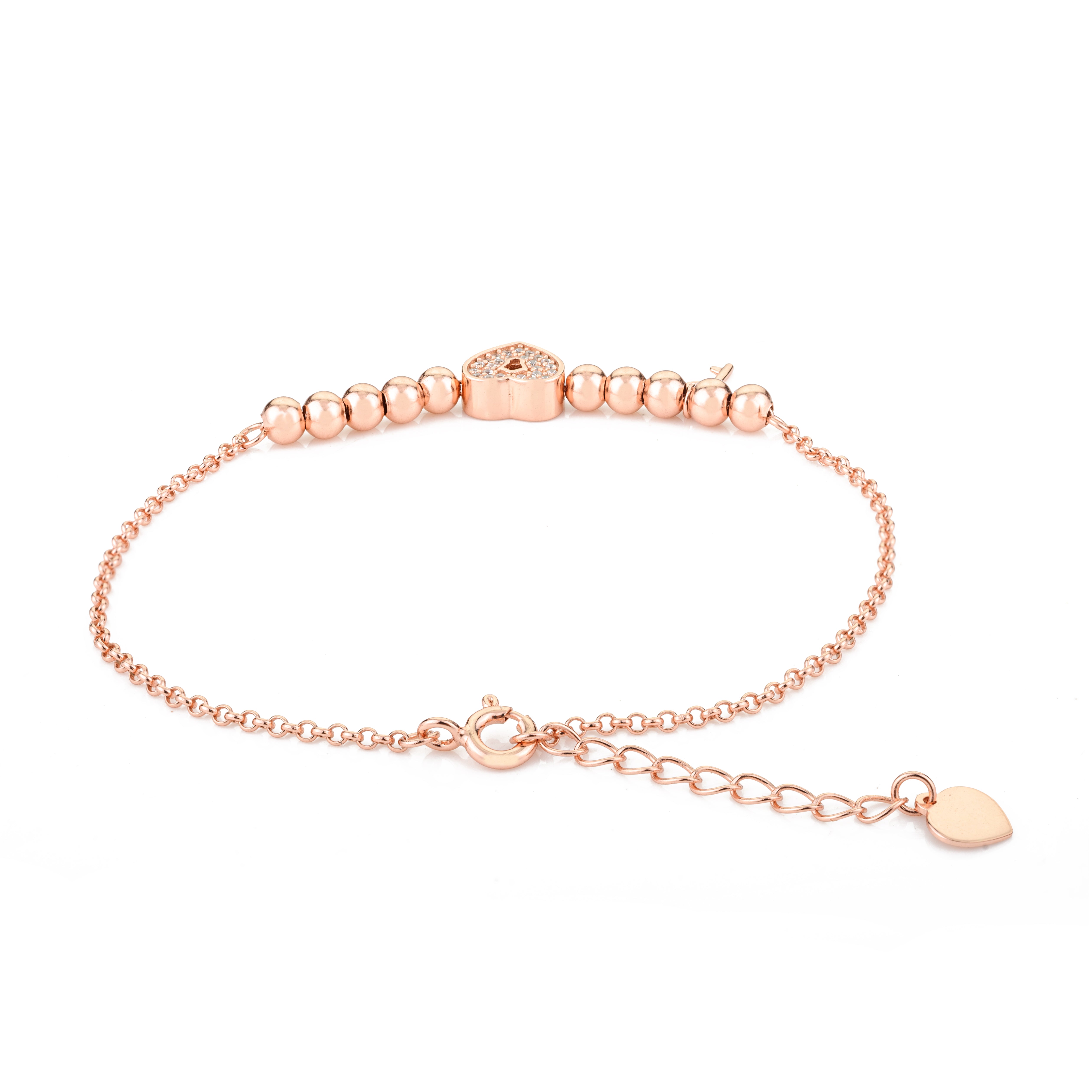 Rose Gold Heart with Key Charm Adjustable Bracelet for Women