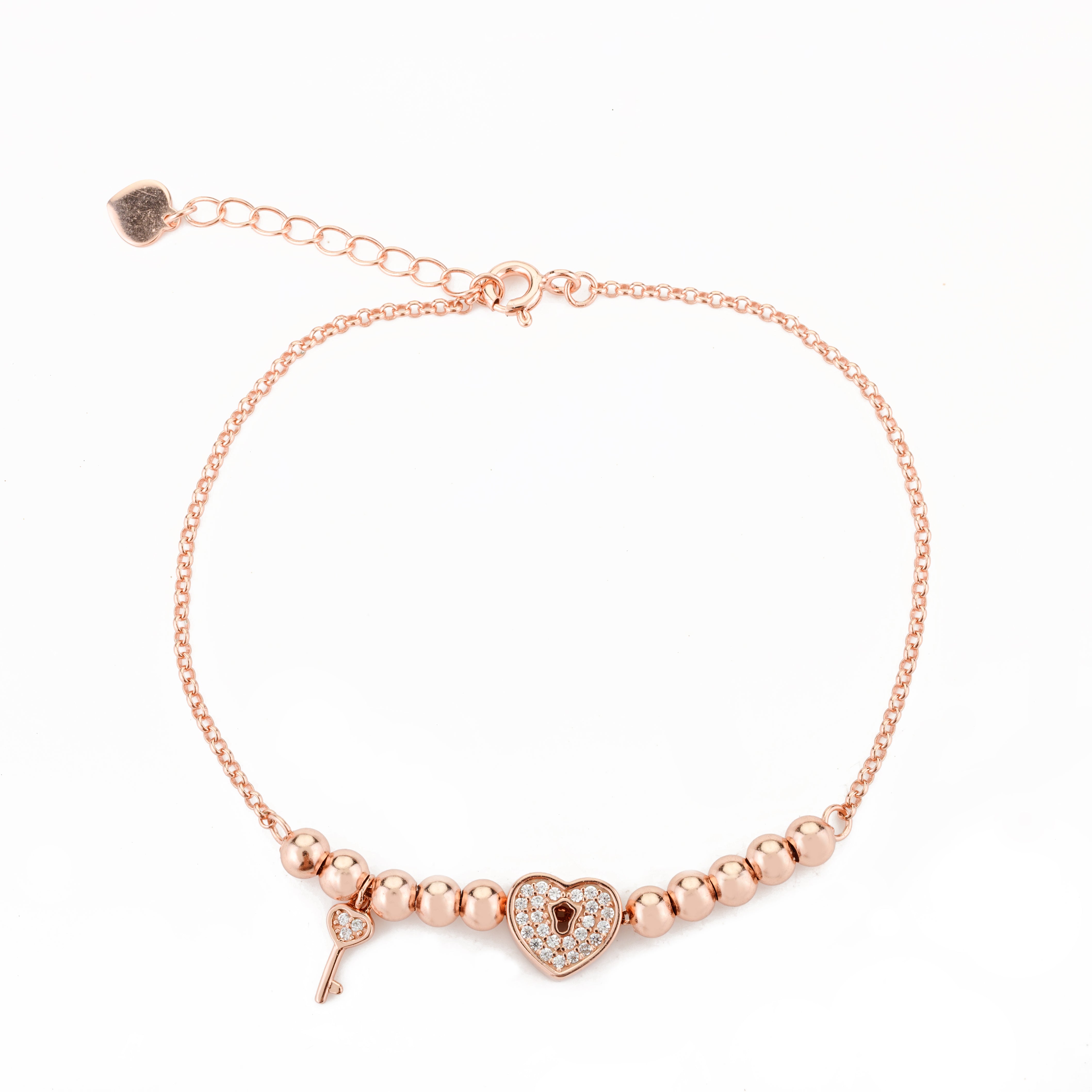 Rose Gold Heart with Key Charm Adjustable Bracelet for Women