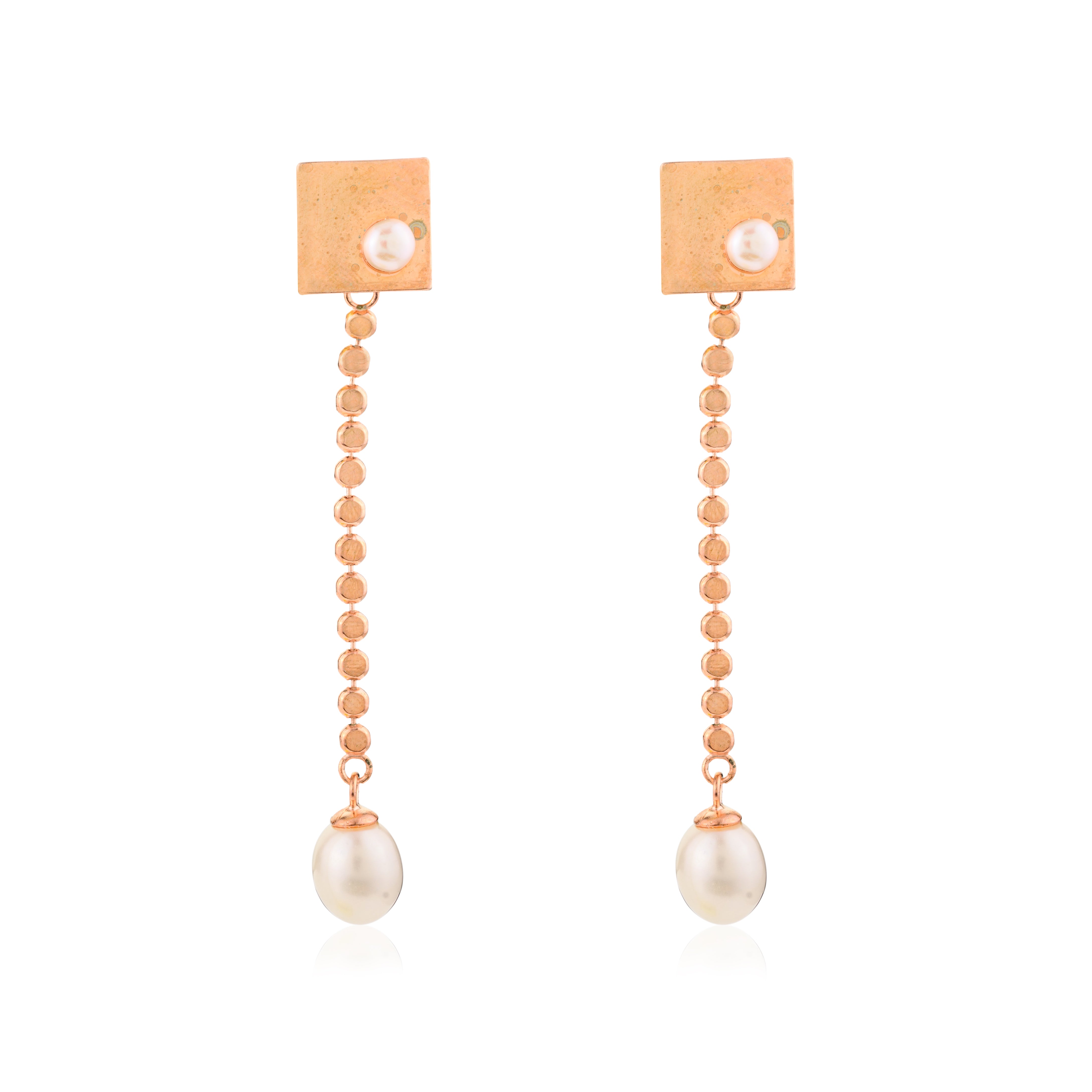 Rose Gold Linear Pearl Drop Earrings in 925 Silver