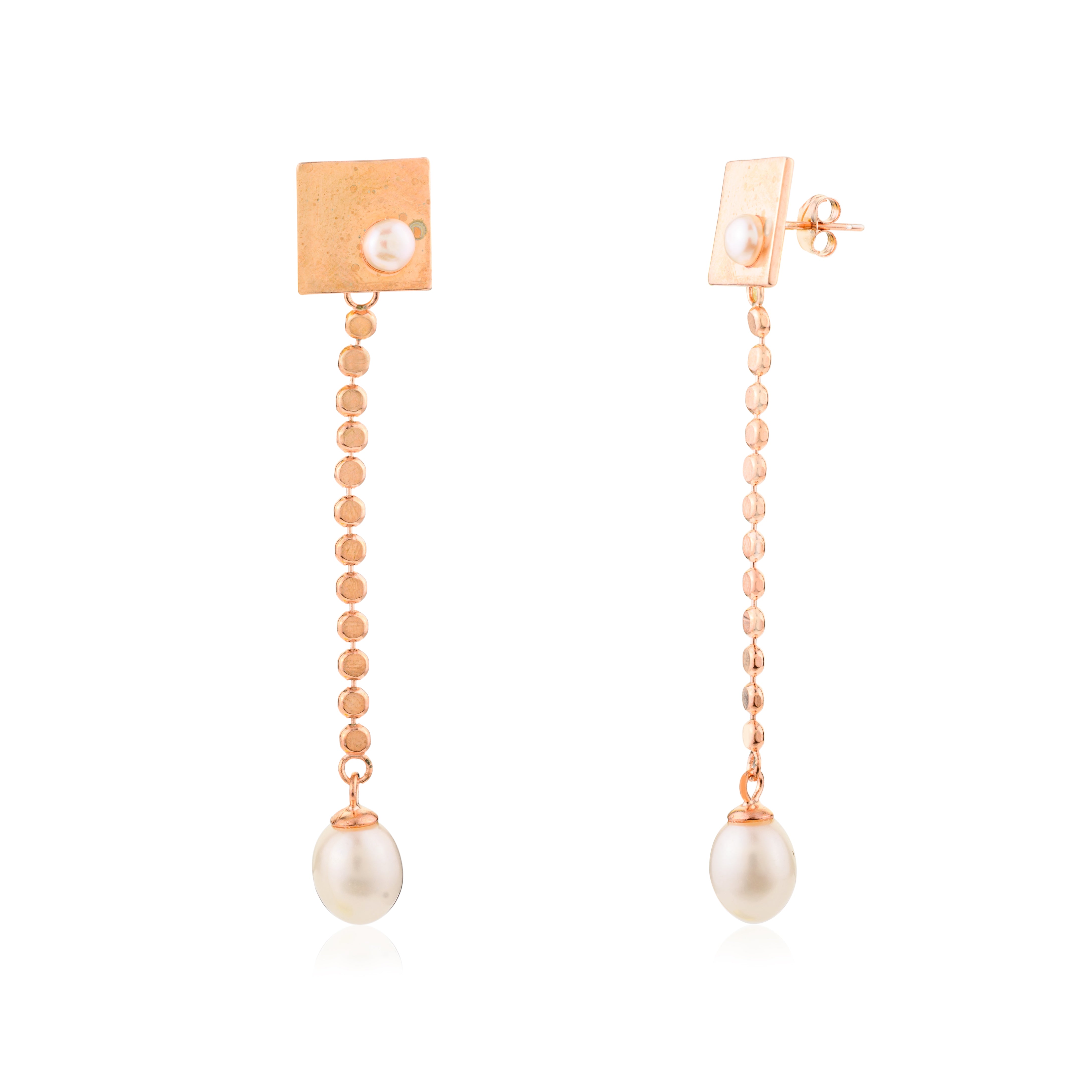 Rose Gold Linear Pearl Drop Earrings in 925 Silver