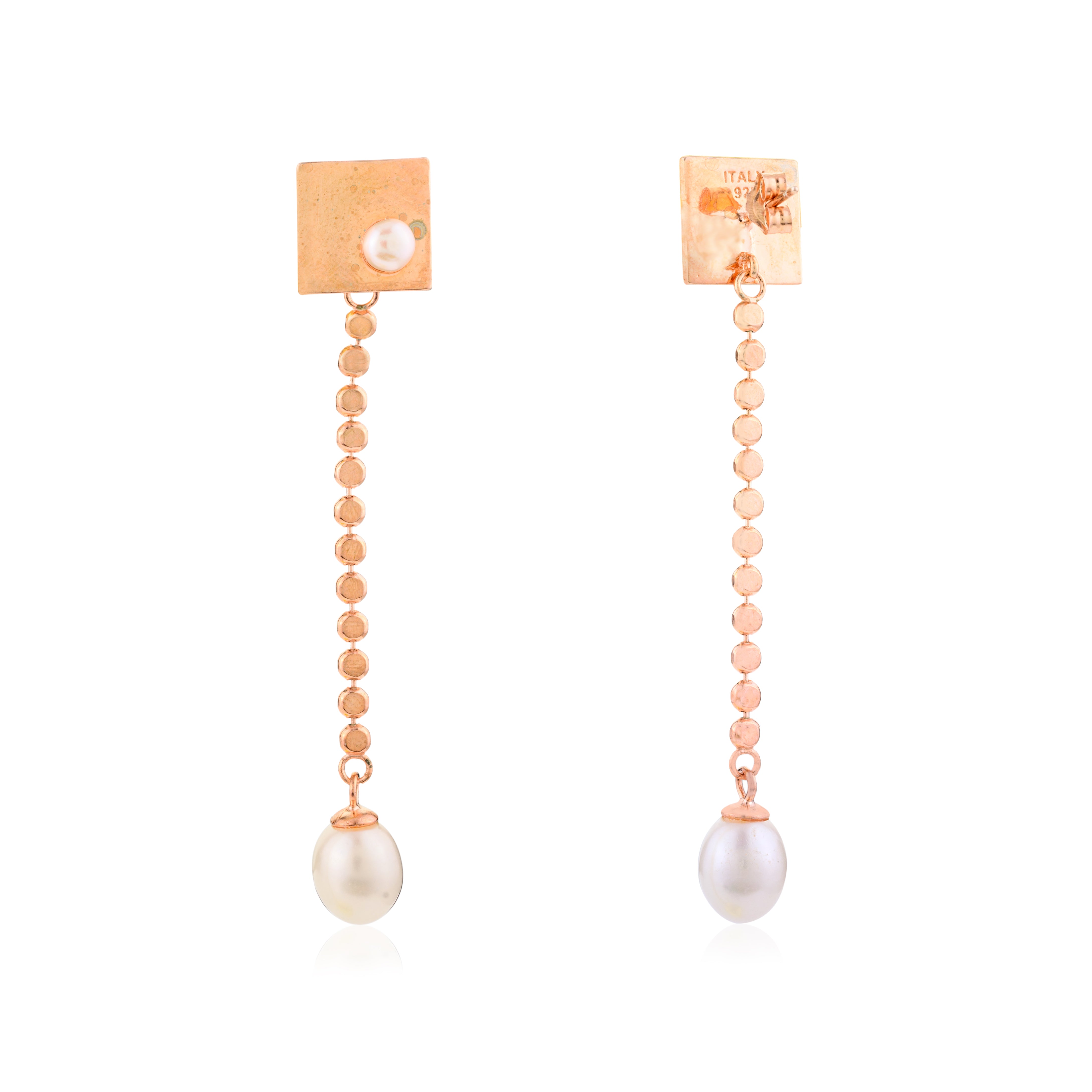 Rose Gold Linear Pearl Drop Earrings in 925 Silver