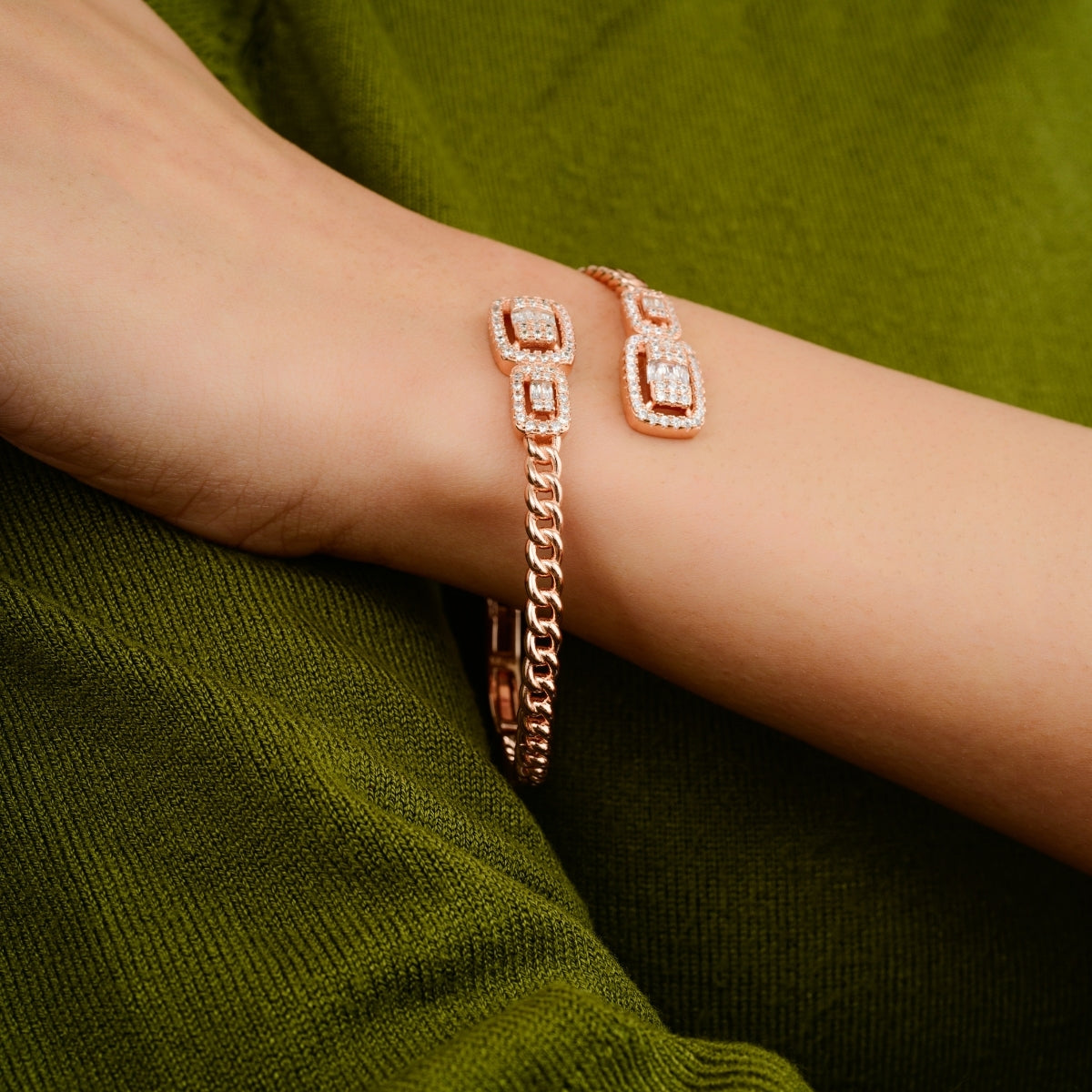 Rose Gold Sparkling Cz Diamonds Silver Bangle