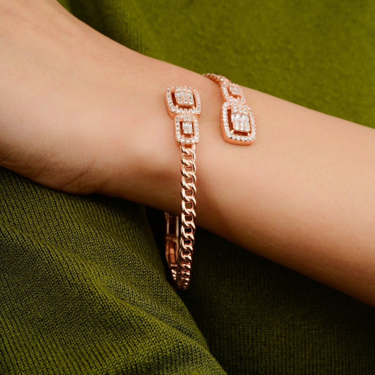 Rose Gold Sparkling Cz Diamonds Silver Bangle