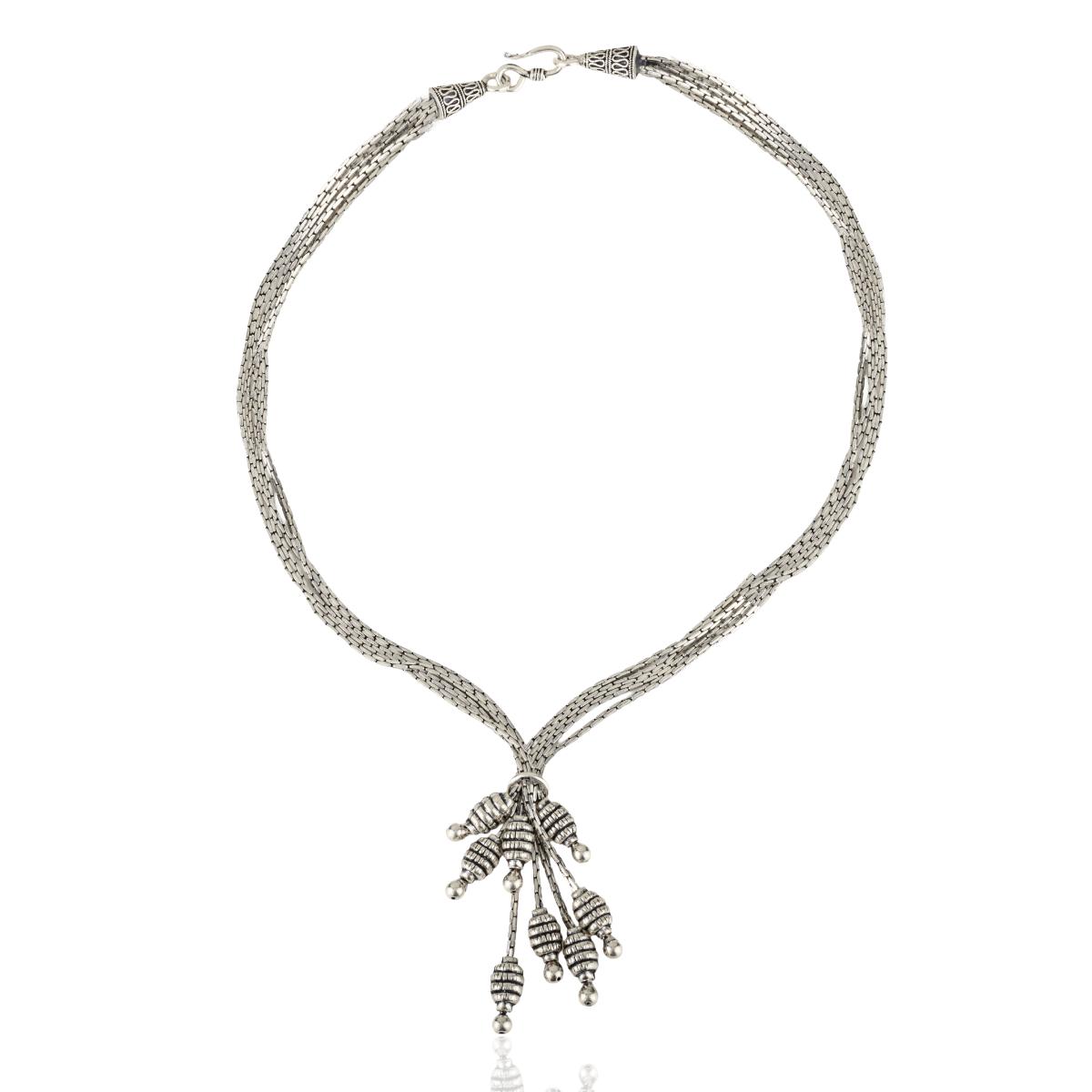 Sterling Silver Multi-Strand Tassel Bracelet with Oxidized Ribbed Bead Charms