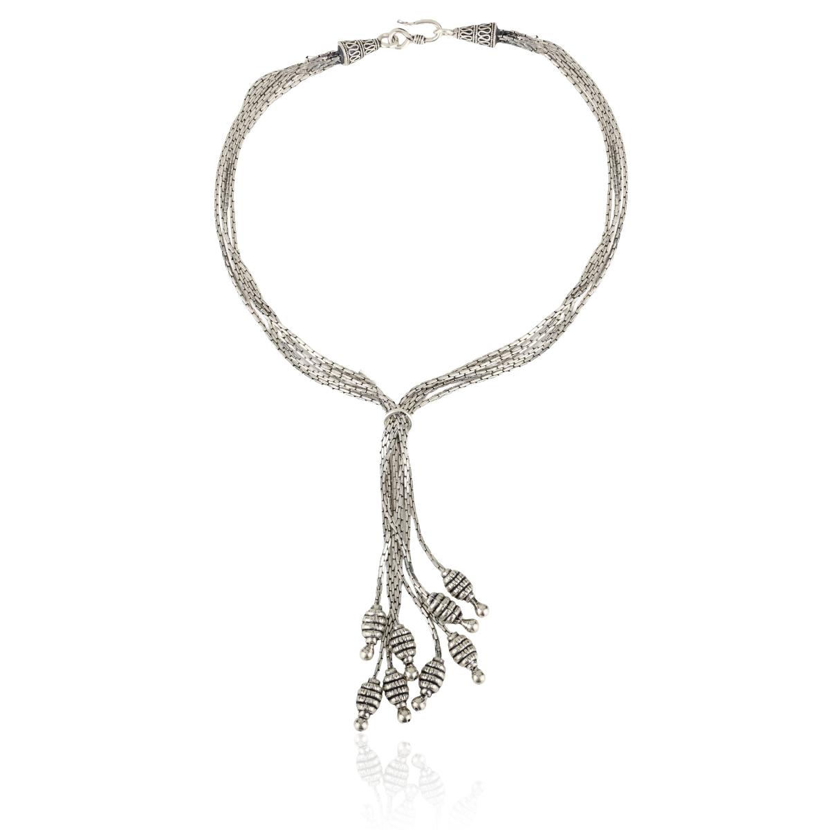 Sterling Silver Multi-Strand Tassel Bracelet with Oxidized Ribbed Bead Charms
