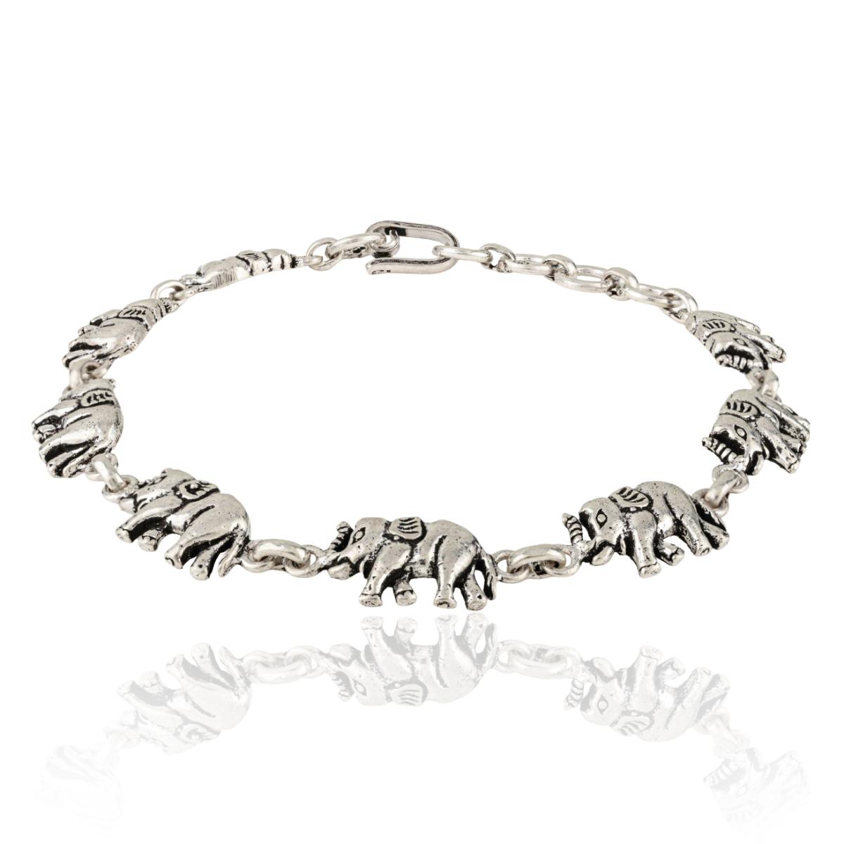 Oxidized Silver Elephant Link Chain Bracelet