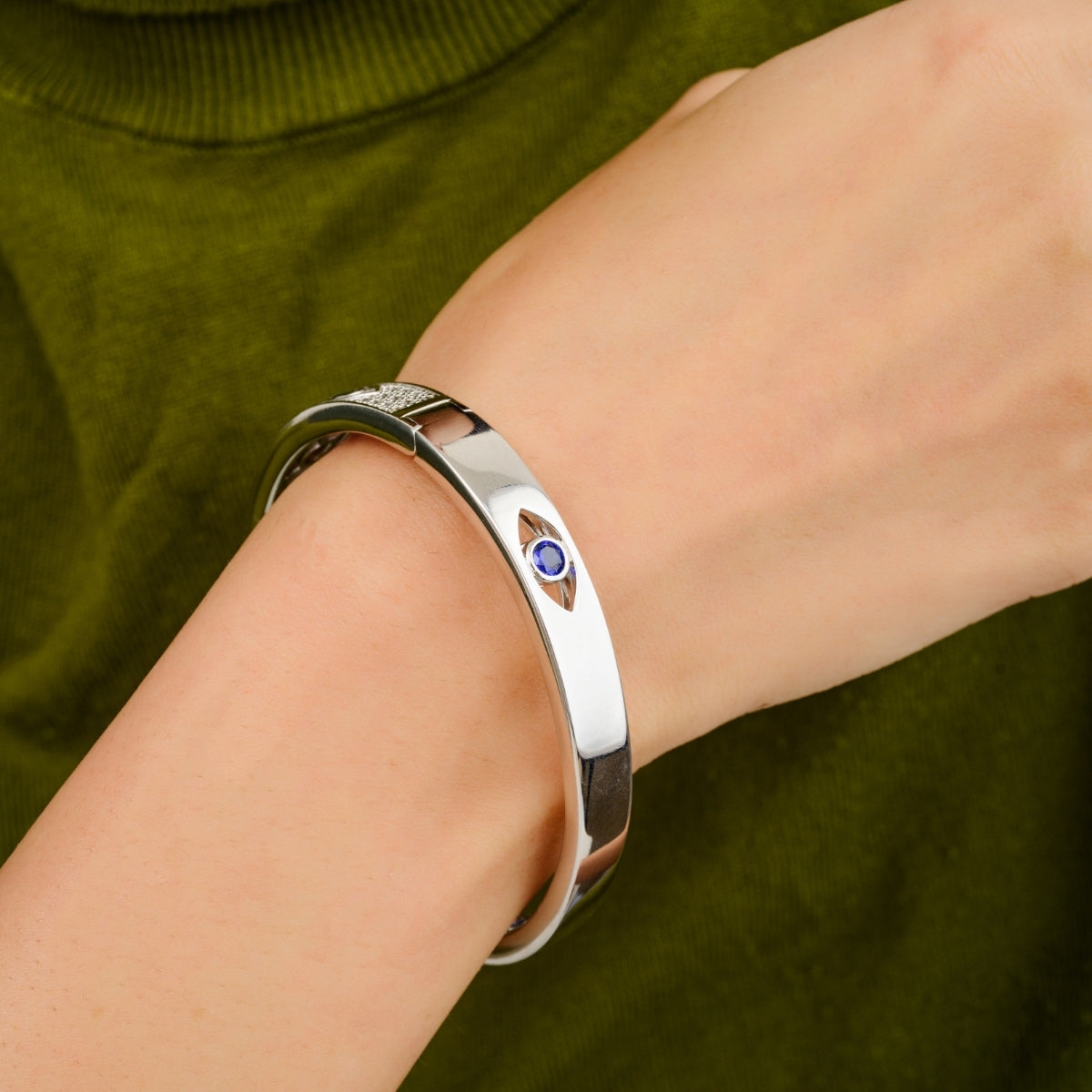 Silver Bangle with Evil Eye Charm