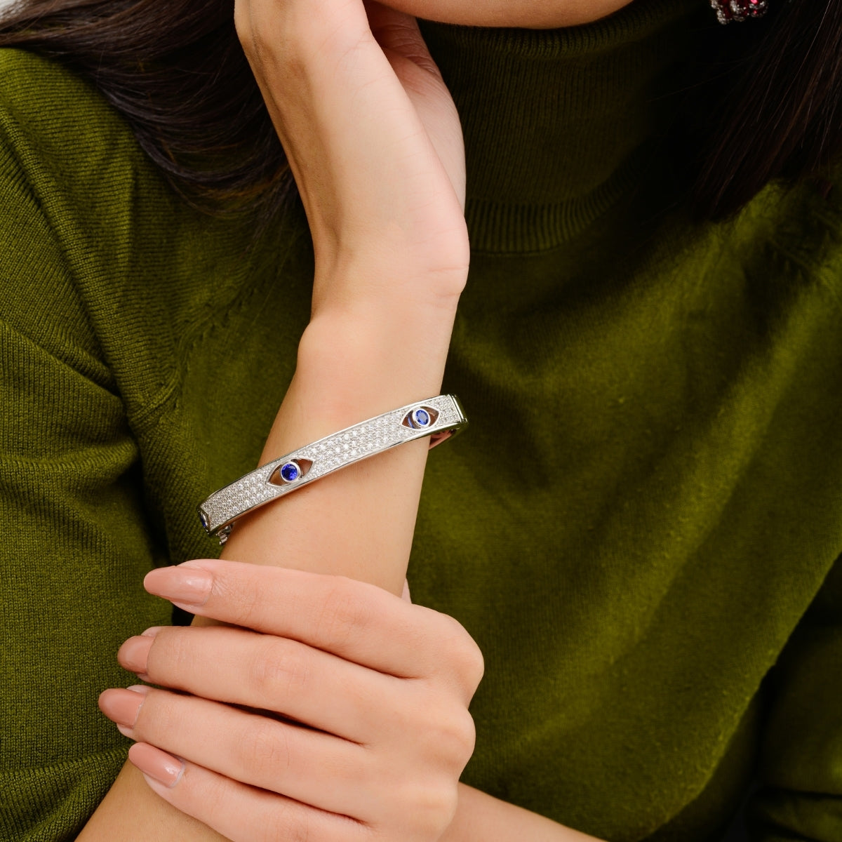 Silver Bangle with Evil Eye Charm