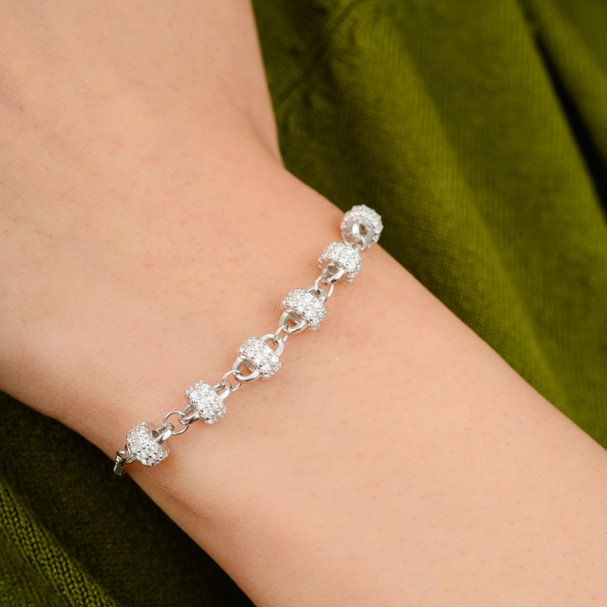 Sparkling Cz Crystals Beaded Adjustable Silver Bracelet