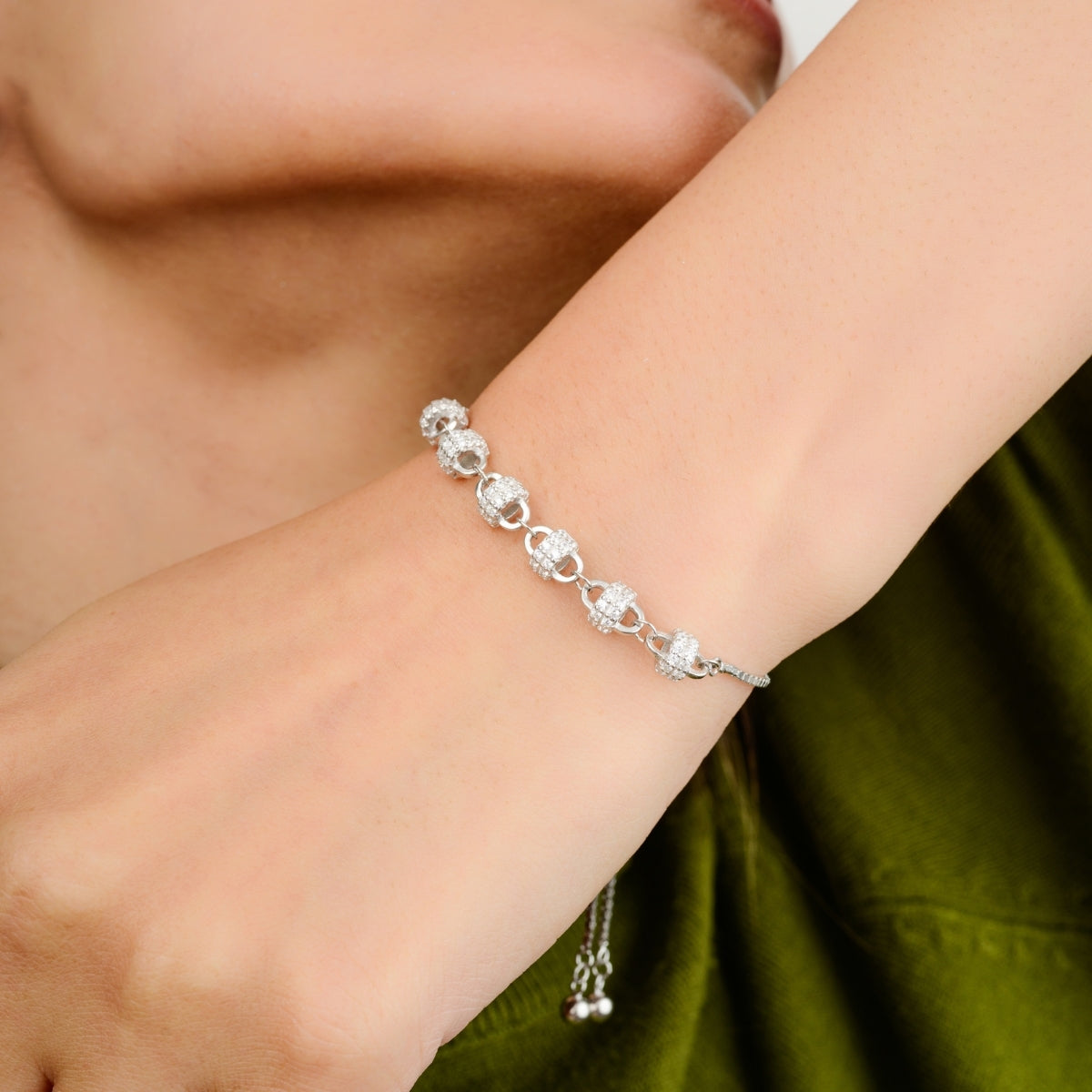 Sparkling Cz Crystals Beaded Adjustable Silver Bracelet