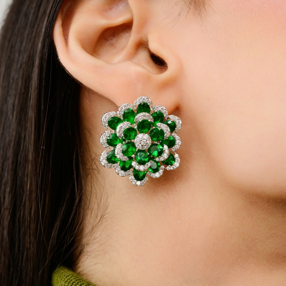 Emerald Floral Drops in Pure Silver and CZ
