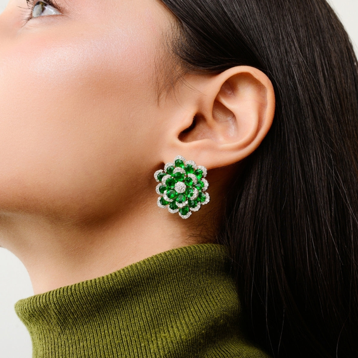 Emerald Floral Drops in Pure Silver and CZ