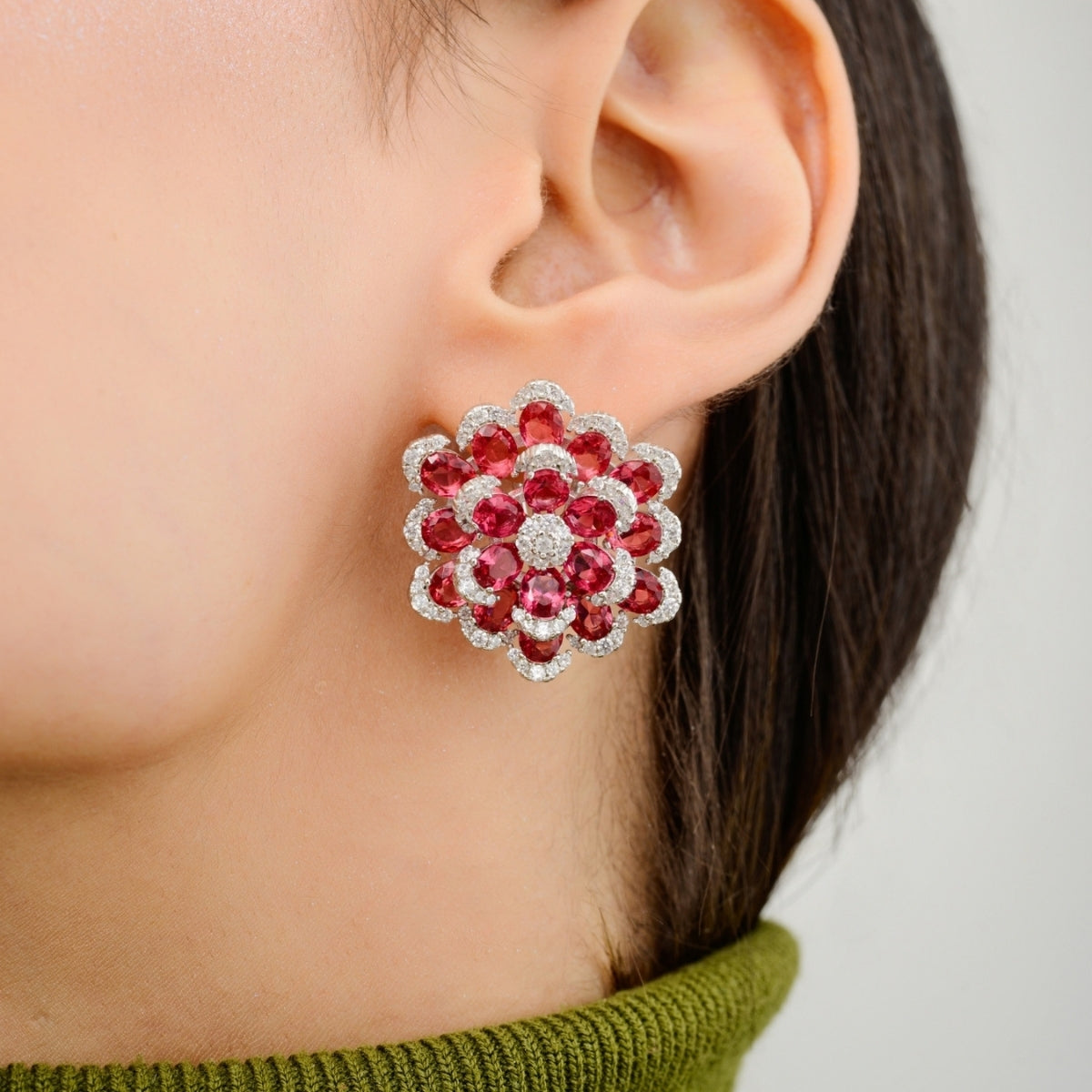 Sparkling Red Ruby CZ Diamonds Silver Earrings