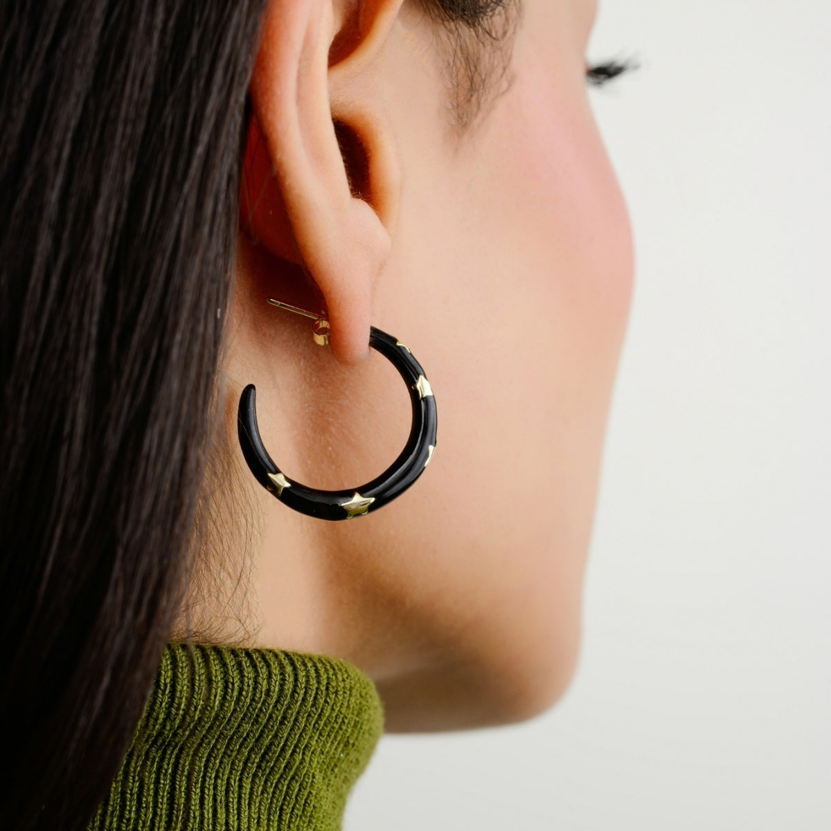 Stylish Black Enamel C Hoop Silver Earrings